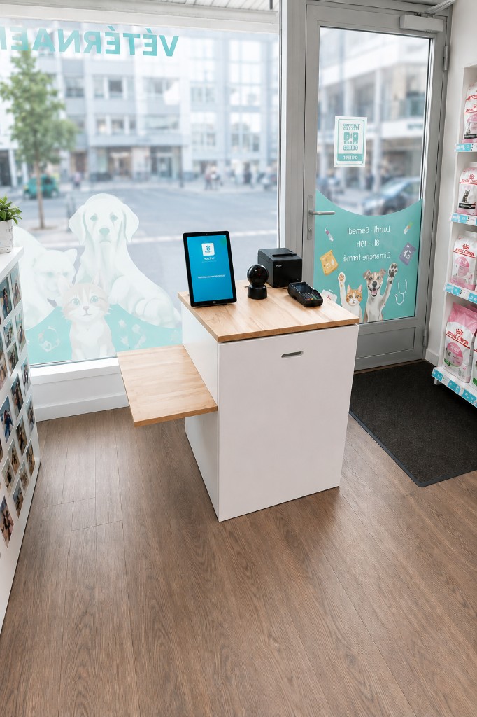 Caisse Helvipay installée au pet-shop MVET.CH Pâquis — tablette, imprimante ticket et terminal de paiement sur le comptoir